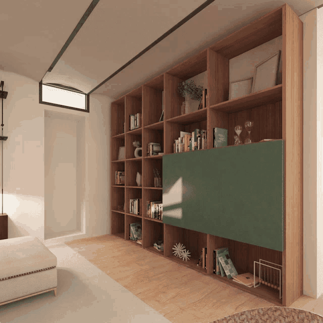 a bookshelf with a green door has a book titled " a brief history of time "