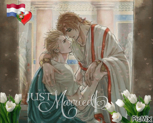 a picture of two men with the words just married written on the bottom