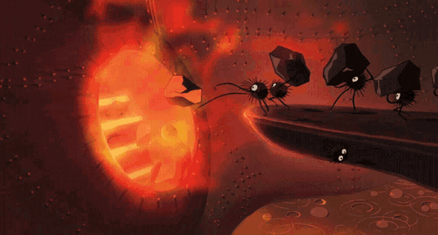 a cartoon drawing of a fire with a bunch of black bugs coming out of it
