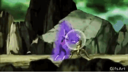 a purple monster is fighting a golden monster in a bubble in a cartoon .