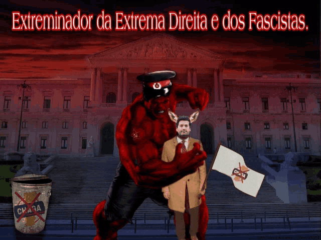 a cartoon of a red hulk talking to a man holding a flag