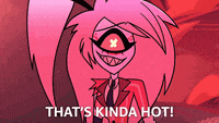 a cartoon character with pink hair and red eyes says that 's kinda hot !