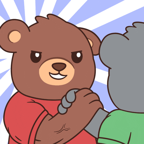 a brown teddy bear in a red shirt is shaking hands with a gray teddy bear in a green shirt