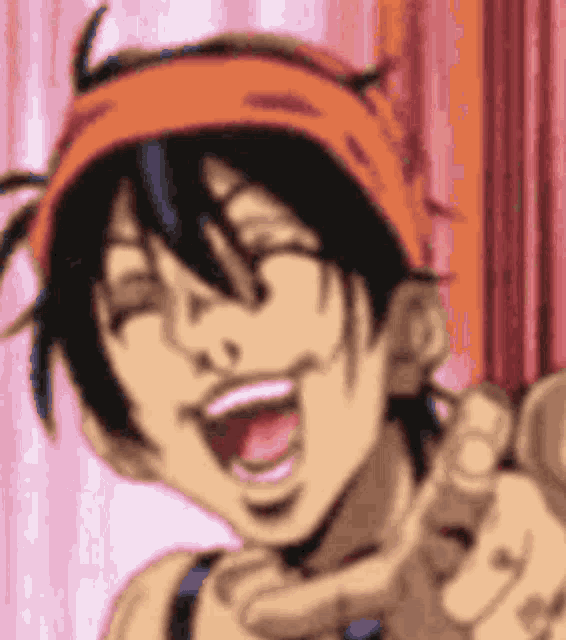 a close up of a cartoon character with a bandana on his head .