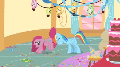 pinkie pie and rainbow dash are standing next to each other in a room with a cake and confetti .