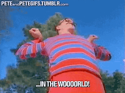 a man in a red and blue striped sweater says in the woooorld