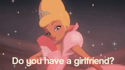 a cartoon princess is holding a fan and asking if she has a girlfriend .