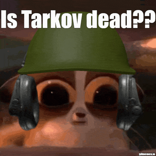 a cartoon dog wearing headphones and a helmet with the words is tarkov dead below it