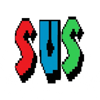 a pixel art of the letters sus in red blue and green