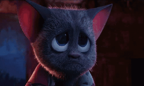 a close up of a cartoon cat with a sad look on his face