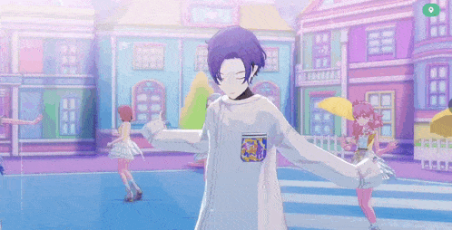 a boy and a girl are standing next to each other in front of a colorful building in a video game .