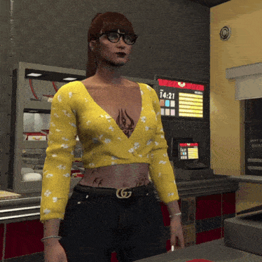 a woman in a yellow crop top stands in front of a sign that says 14:20