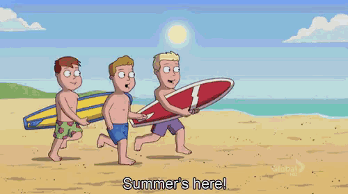 three cartoon characters carrying surfboards on the beach