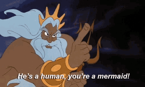 a cartoon character says he 's a human you 're a mermaid with a trident
