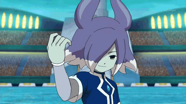 a cartoon character with purple hair and horns stands in front of a stadium