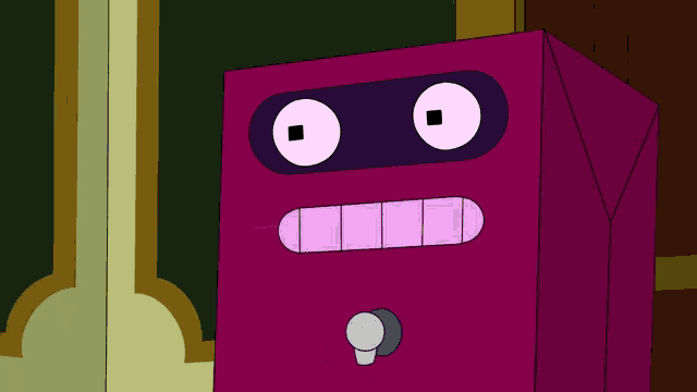 a cartoon drawing of a purple robot with a surprised look on its face