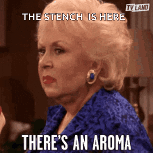 a woman in a blue dress says the stench is here and there 's an aroma