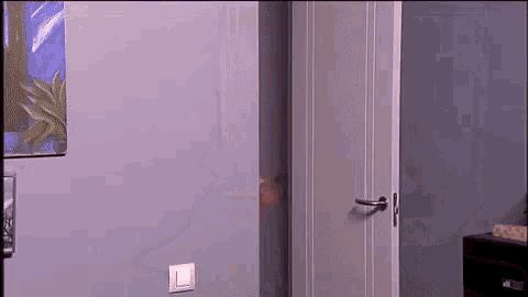 a person is peeking through a door in a room with a picture on the wall .