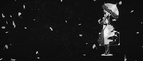 a black and white drawing of a woman holding an umbrella while leaves fall around her .