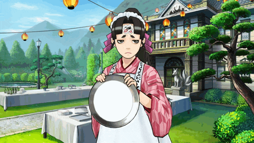a girl in a maid outfit is holding a plate