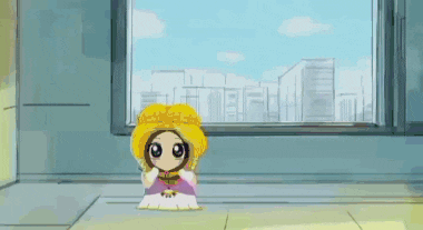 a little girl in a yellow hat is sitting in front of a window .