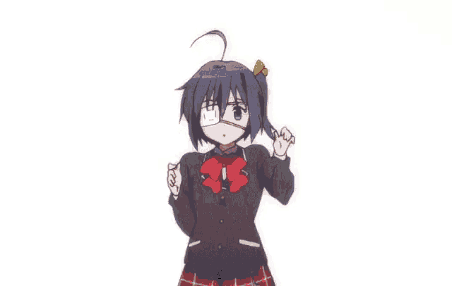 a girl with a bandage on her eye is wearing a school uniform and a bow tie .