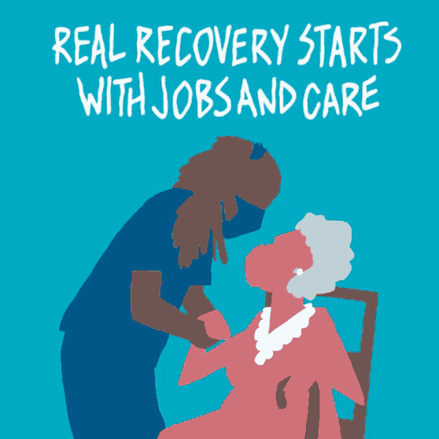 a nurse is giving an elderly woman an injection with the words real recovery starts with jobs and care