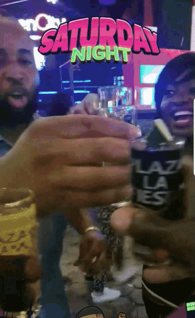 a group of people toasting at a saturday night