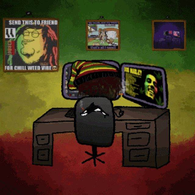 a cartoon of a man sitting in front of a computer with a poster on the wall that says send this to friend