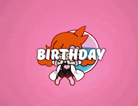 a pink background with a cartoon character holding a microphone and the words " birthday here goes "