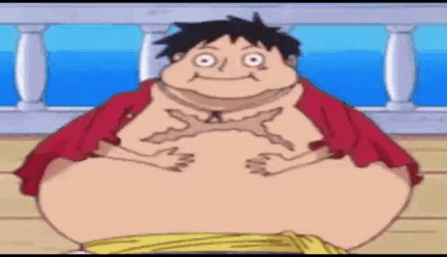 a very fat monkey d luffy from one piece is sitting on a boat with his hands on his belly .