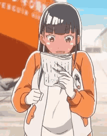 a cartoon girl is reading a book in front of a penguin boat