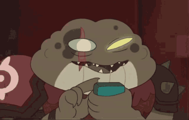 a cartoon character is holding a blue object in his hands and has a yellow eye
