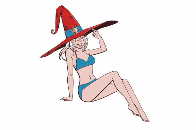 a woman in a bikini is wearing a witch hat with a sun on it