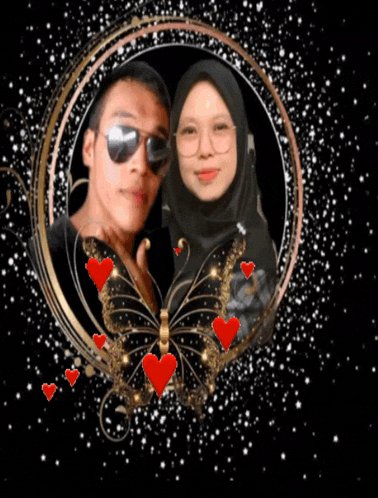 a picture of a man and a woman with a butterfly and hearts around them