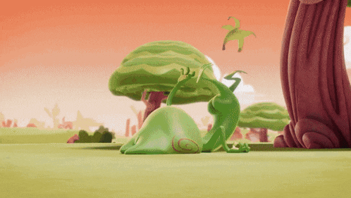 a cartoon illustration of a green frog laying on the ground