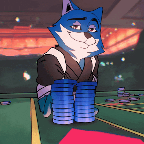 a blue and white cartoon character holding stacks of blue poker chips