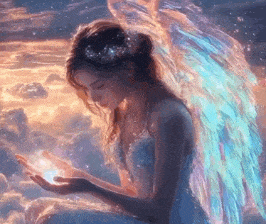 a woman with angel wings is sitting in the clouds and holding a light in her hands .