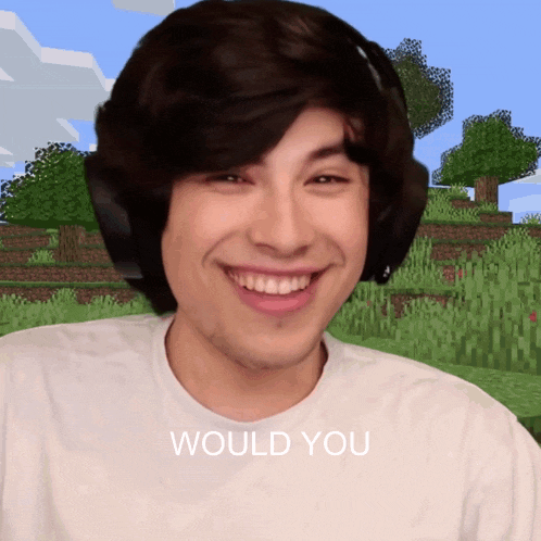 a man wearing headphones smiles in front of a minecraft background with the words " would you " on the bottom