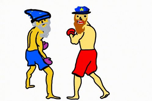 a cartoon of a wizard and a police officer boxing