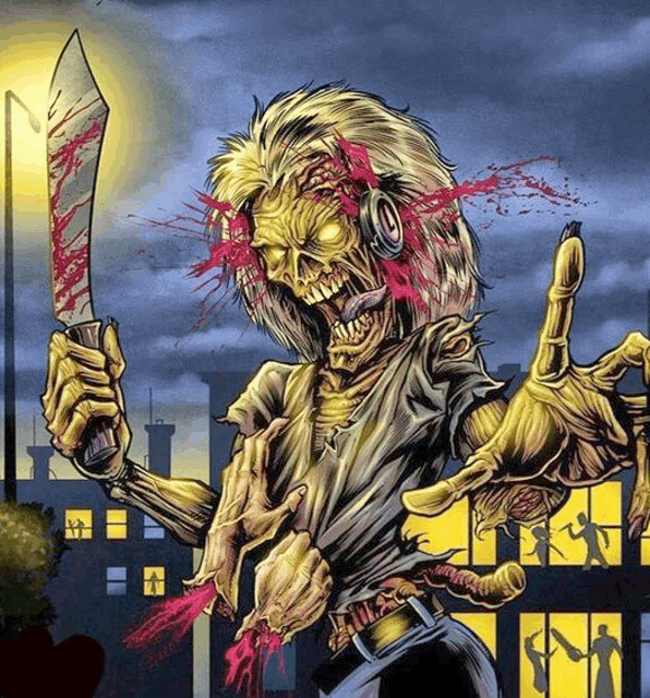 a drawing of a zombie holding a bloody knife in front of a building