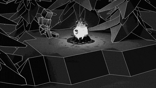 a black and white drawing of a campfire in the woods surrounded by trees .