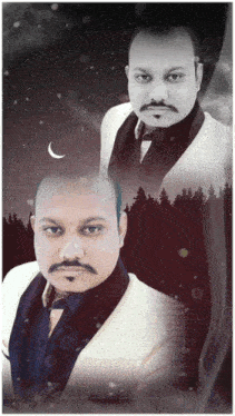 a man in a suit and tie is standing in front of a crescent moon