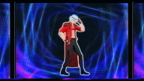 a man in a cowboy hat is dancing in front of a purple and blue background