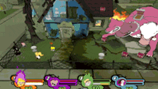 a video game is being played in front of a blue house and a pink monster