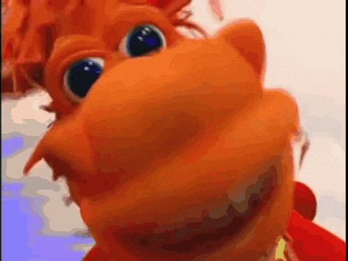 a close up of a stuffed animal 's face looking at the camera
