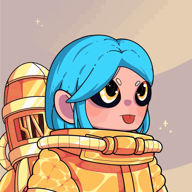 a cartoon drawing of a girl with blue hair wearing a yellow suit