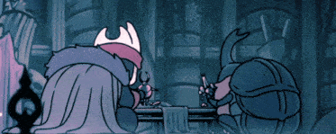 two cartoon characters are sitting at a table and one is wearing a white hat
