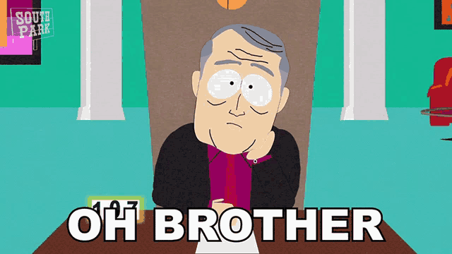 a cartoon of a man sitting at a desk with the words oh brother written below him