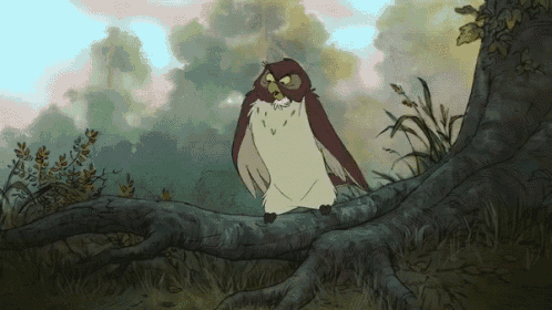 a cartoon owl is standing on a tree branch looking at something